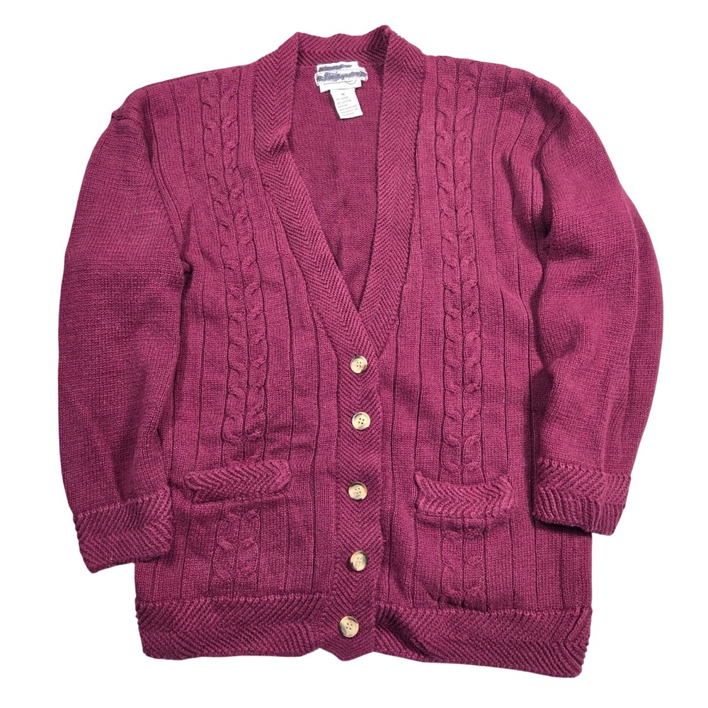 Vintage Burgundy Cable Knit‎ Cardigan Sweater Womens M V-Neck Academia Preppy